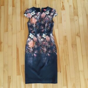 Betsey Johnson Navy Floral Stretch Sheath Midi Dress Cap Sleeve Size 0 Back Zip